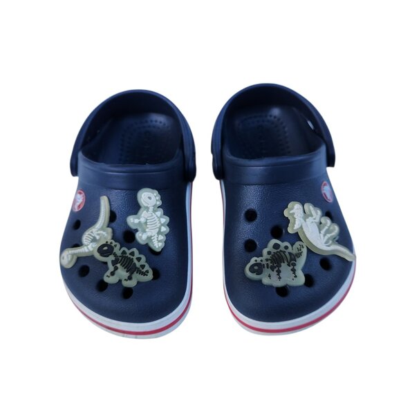 Crocs Kids Crocband Navy Blue Red White Stripes Clogs w/ Dinosaur Charms Size C6 - Picture 2 of 8